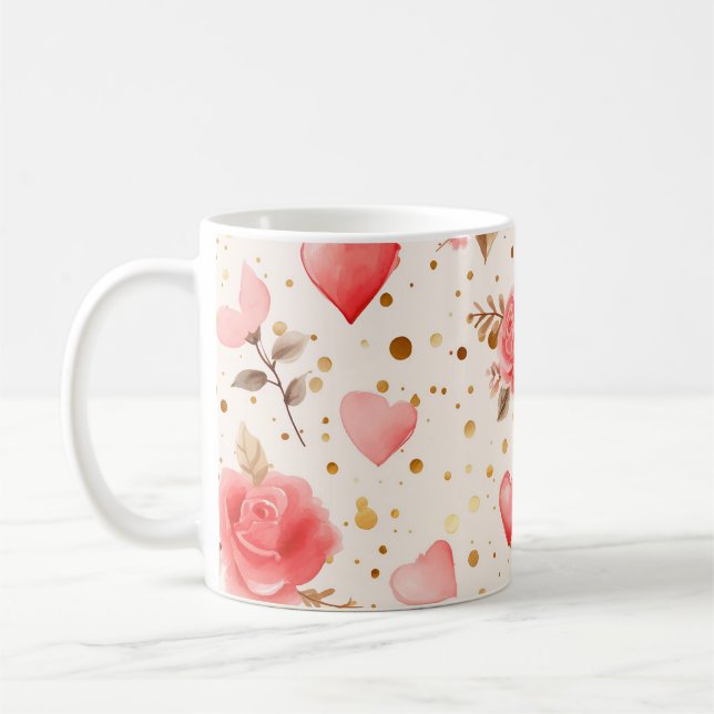 Valentines Rosa Watercolor Ro och Hearts Kaffemugg (Vänster)
