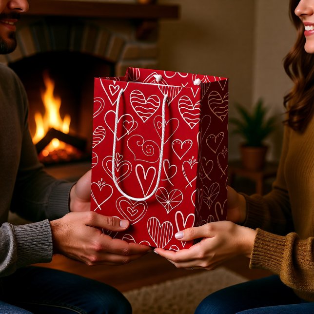 Valentines, rött hjärta mönster (Romantic Red and White Hand-Drawn Heart Valentine Medium Gift Bag)