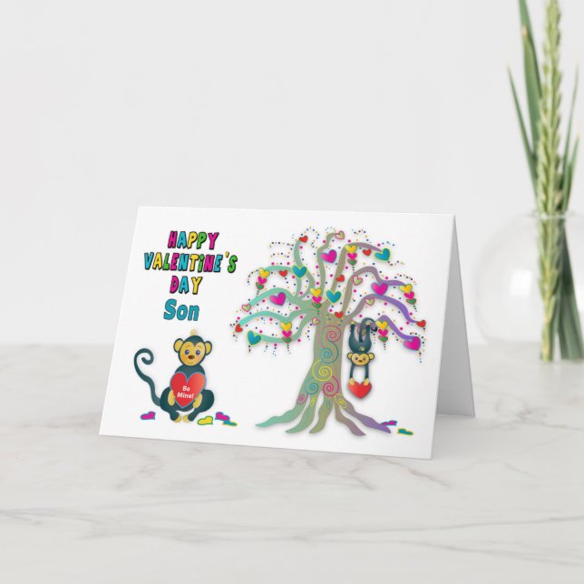 Valentines Son Kids Monkey och Heart Träd Roligt C Kort (Framsida)