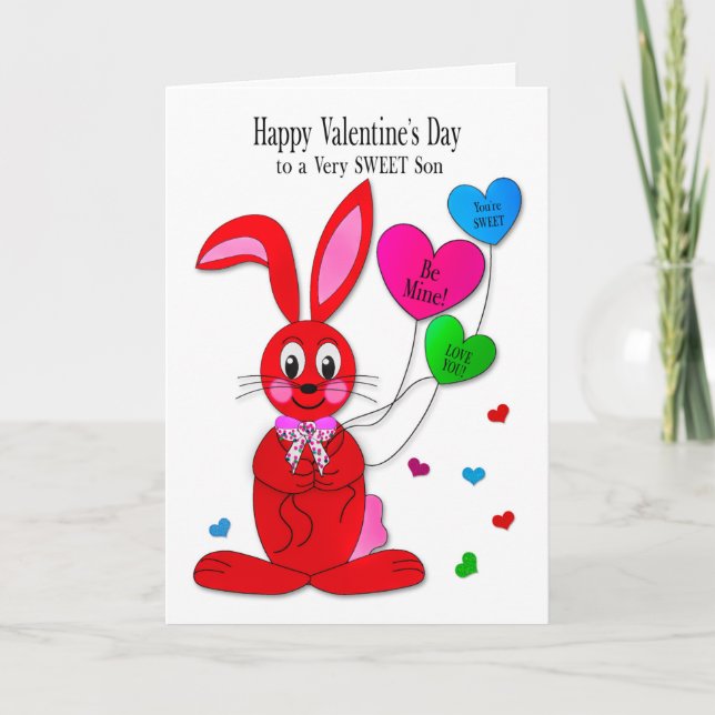 Valentines  Son Red Bunny Heart Balloons Kort (Framsida)