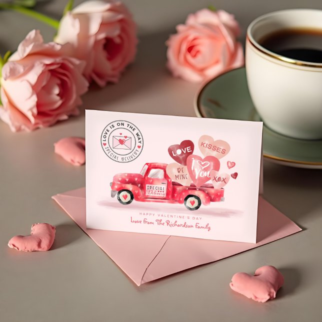 Valentines Speciella Delivery Red Watercolor Lastb Helgkort (Valentine's Special Delivery Red Watercolor Truck Holiday Card)