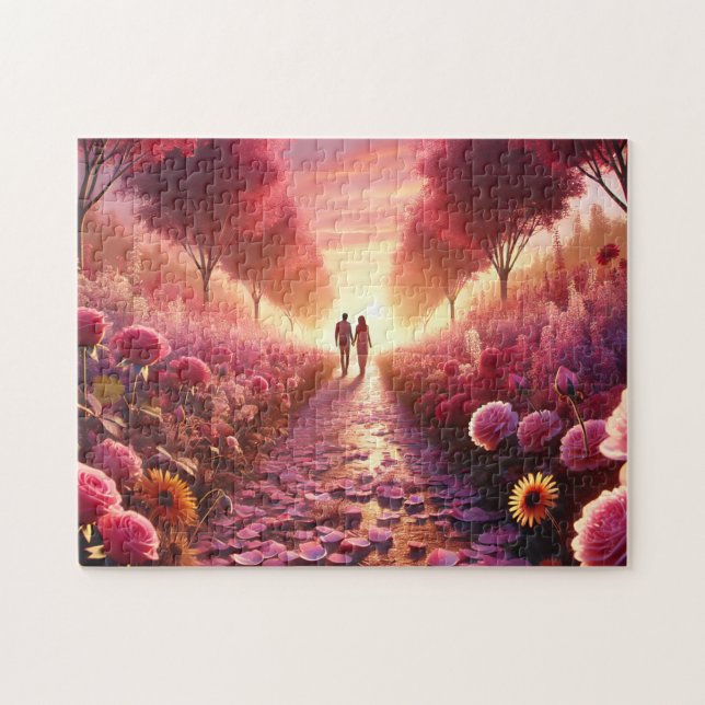 Valentine's Sunset Flower Path Romantic Couple Pussel (Horisontell)