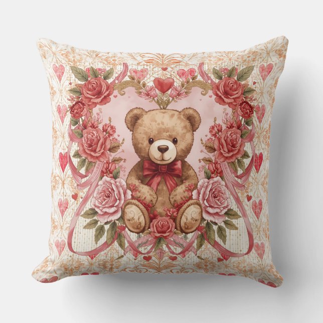 Valentine's ,Teddy Bear,Pink Love Heart and Flower Kudde (Framsida)