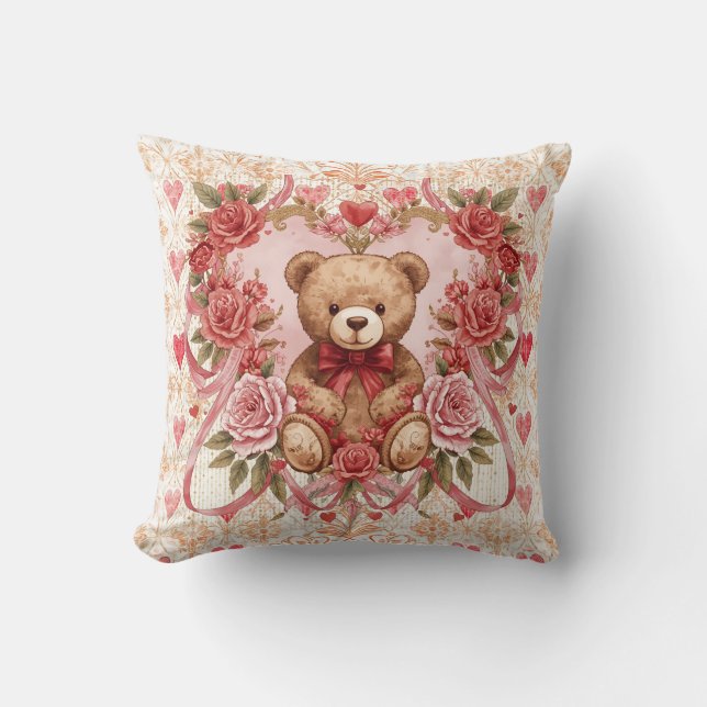 Valentine's ,Teddy Bear,Pink Love Heart and Flower Kudde (Framsida)
