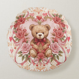 Valentine's ,Teddy Bear,Pink Love Heart and Flower Rund Kudde