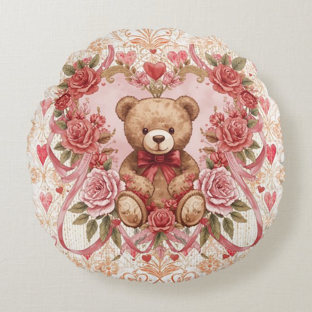 Valentine's ,Teddy Bear,Pink Love Heart and Flower Rund Kudde (Framsidan)