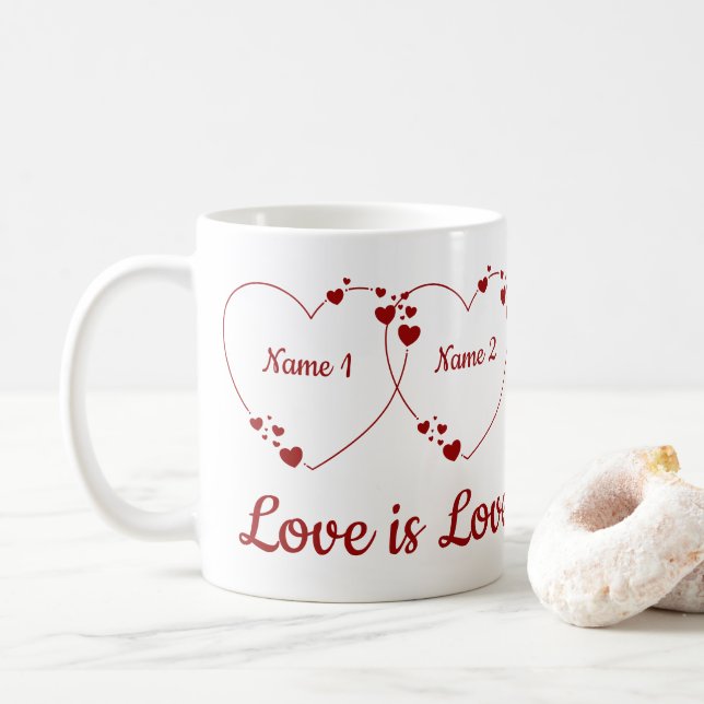 Valentines två hjärtan två Namn Kaffemugg (Med munk)
