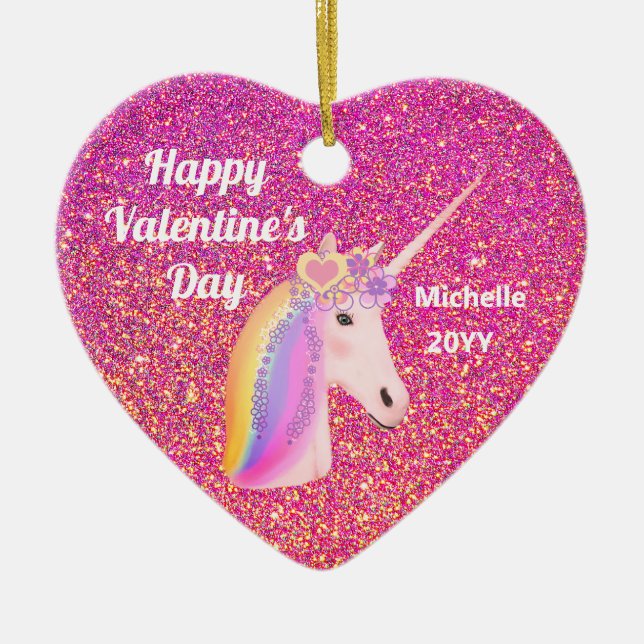 Valentines Unicorn Rosa Glitter Personlig Julgransprydnad Keramik (Framsidan)