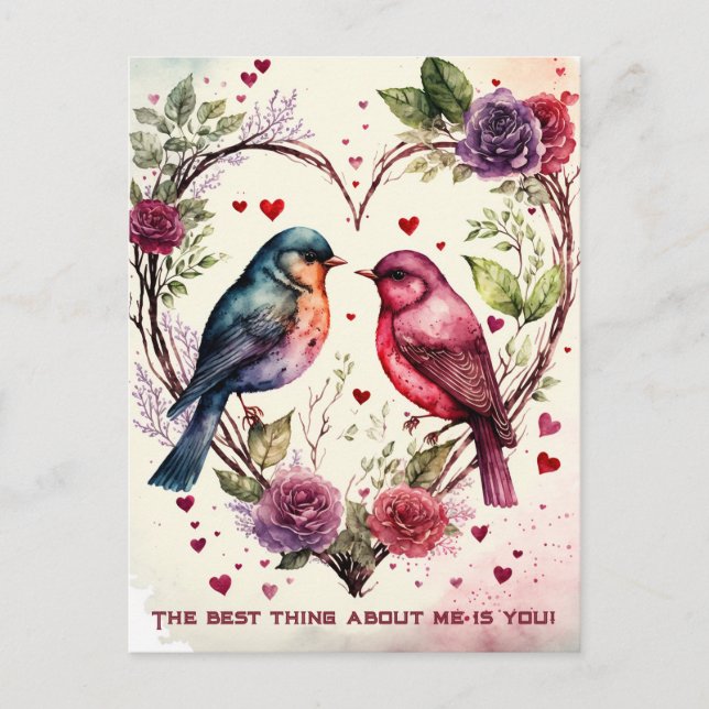 Valentines Watercolor Birds Helg Vykort (Framsida)