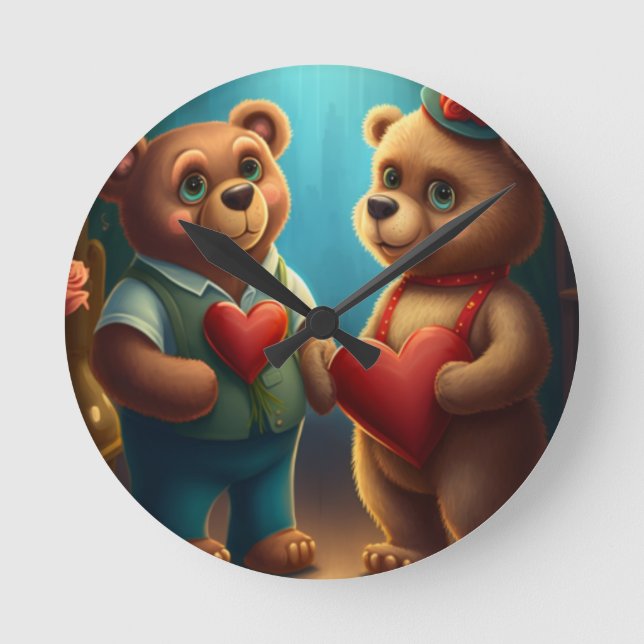 Valentinesbjörn tecknad anpassad rund klocka (Framsida)