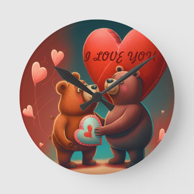 Valentinesbjörn tecknad anpassad rund klocka (Framsida)