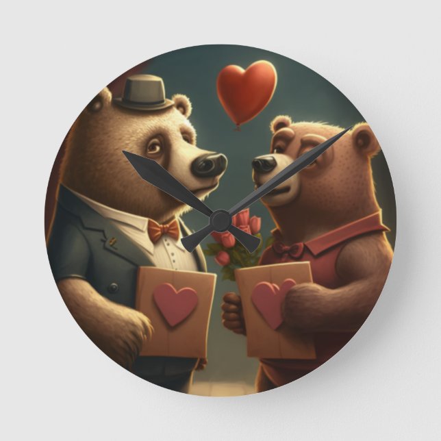 Valentinesbjörn tecknad rund klocka (Framsida)