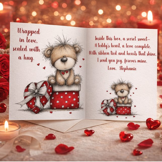 Valentinesdag Björn Presentlåda med dikt Julkort (Skapare uppladdad)