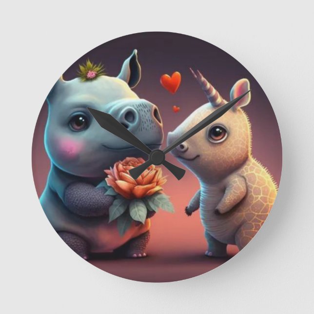 Valentinesdag noshörningskorthus specialdesign rund klocka (Framsida)