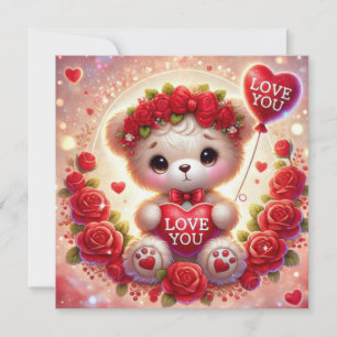 Valentinesdag teddybjörn med röd hjärtballong kärl julkort