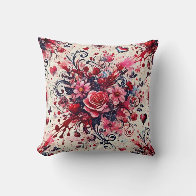 Valentineser Bouquet/Ro Splatter Art Kudde (Framsida)