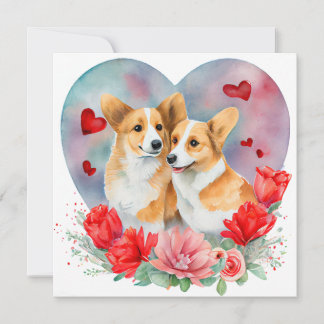 Valentineser Corgi Pair, Heart, Flowers, Watercolo Julkort