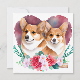 Valentineser Corgi Pair, Heart, Flowers, Watercolo Julkort
