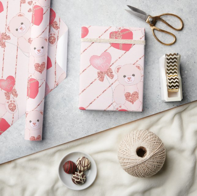 Valentineser för Nalle Glitter Rosa Hearts Presentpapper (Hantverk)