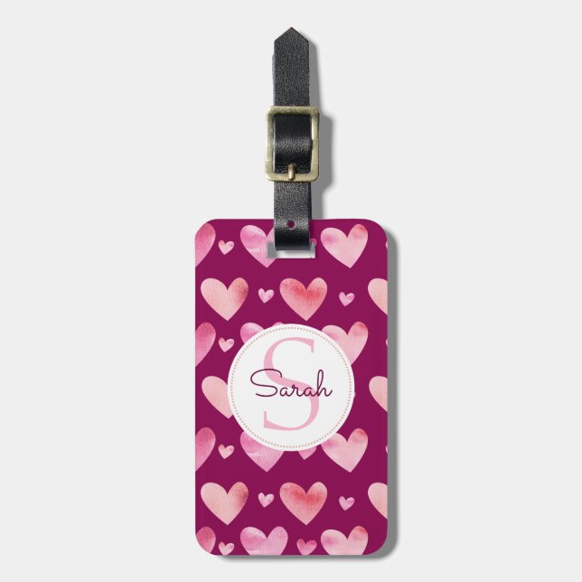 Valentineser för rosa Watercolor Hearts & Monogram Bagagebricka (Vertikal Framsida)