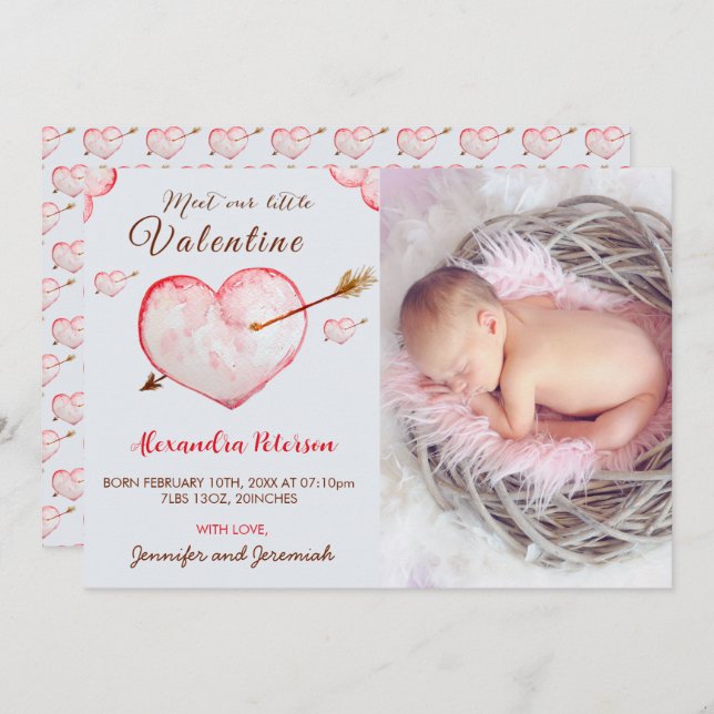 Valentineser med födelseattest, hjärtpil meddelande (Fram/baksida)