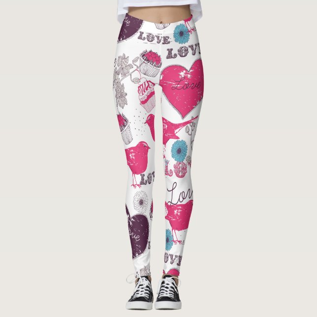 Valentineser Mönster Red Hearts & Birds Leggings (Framsida)