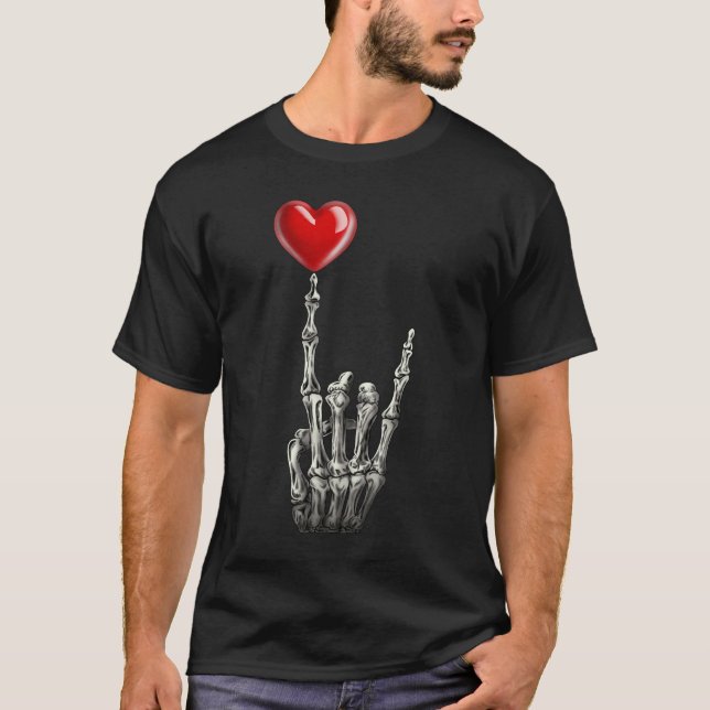 Valentineser Rockstjärna Skeleton Hand Sign Heart T Shirt (Framsida)