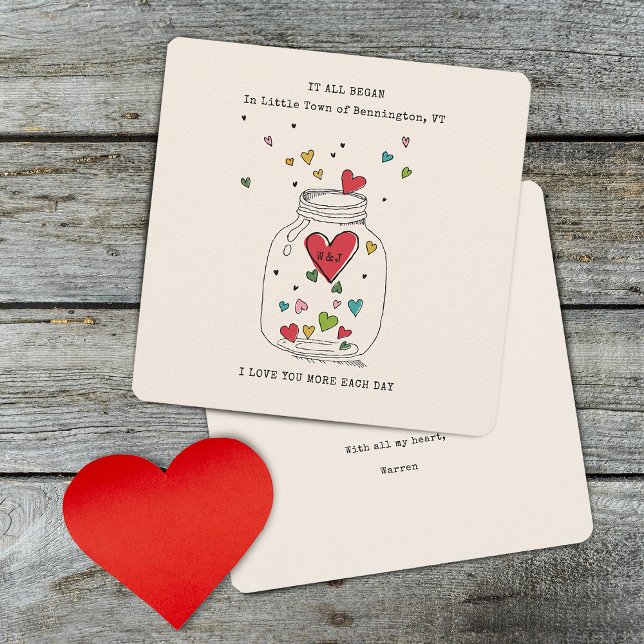 Valentineser som allt började hjärtat i Burk Monog Julkort (Valentines It All Began Heart In Jar Monogram Holiday Card)
