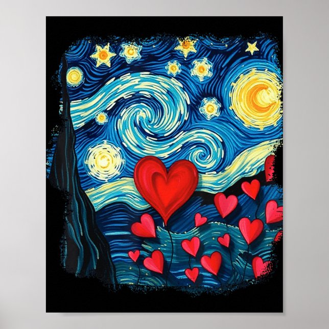 Valentineser Starry Night Van Gogh Kärlek Hearts F Poster (Framsidan)