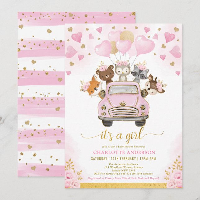 Valentineser Woodland Rosa Guld Ballons Baby Showe Inbjudningar (Fram/baksida)