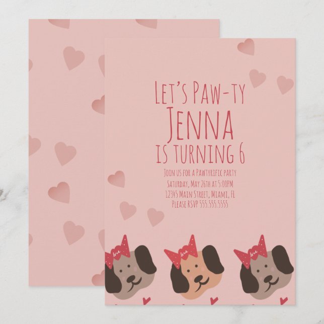 Valentineserna Cute Birthday Hundar Party Inbjudningar (Fram/baksida)
