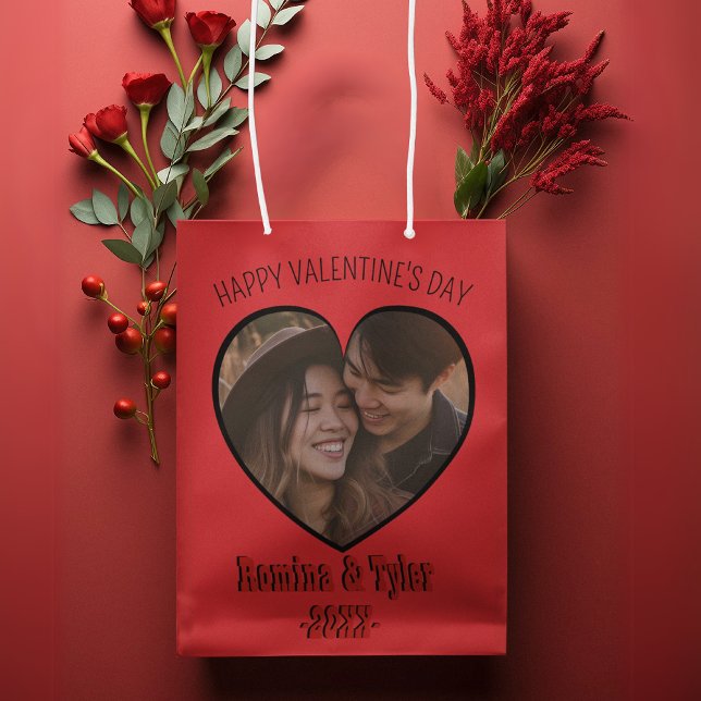 Valentinfoto och Namn (Valentine’s Heart-Shaped Photo & Names Medium Gift Bag)