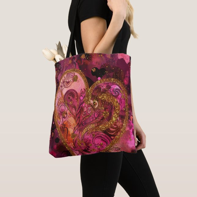 VALENTINHJÄRTAT FÖR shock rosa OCH GULD GLITTER Tygkasse (Närbild)