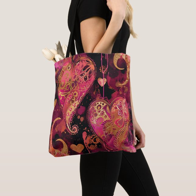 VALENTINHJÄRTAT FÖR shock rosa OCH GULD GLITTER Tygkasse (Närbild)