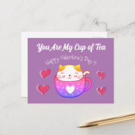 Valentinkort med en katt i ett te kopp vykort