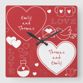 Valentinmönsterväggen tar tid på - vit på rött fyrkantig klocka