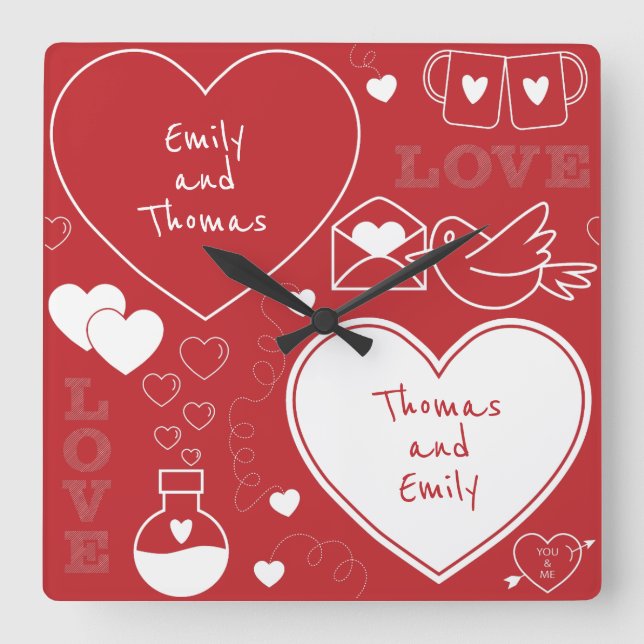 Valentinmönsterväggen tar tid på - vit på rött fyrkantig klocka (Framsida)