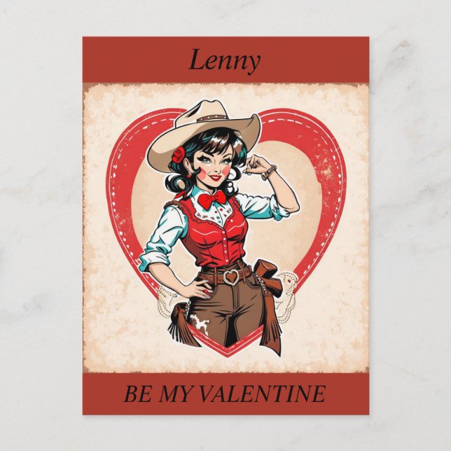 VALENTINS DAY Retro Cowgirl-redigerbart vykort (Framsida)