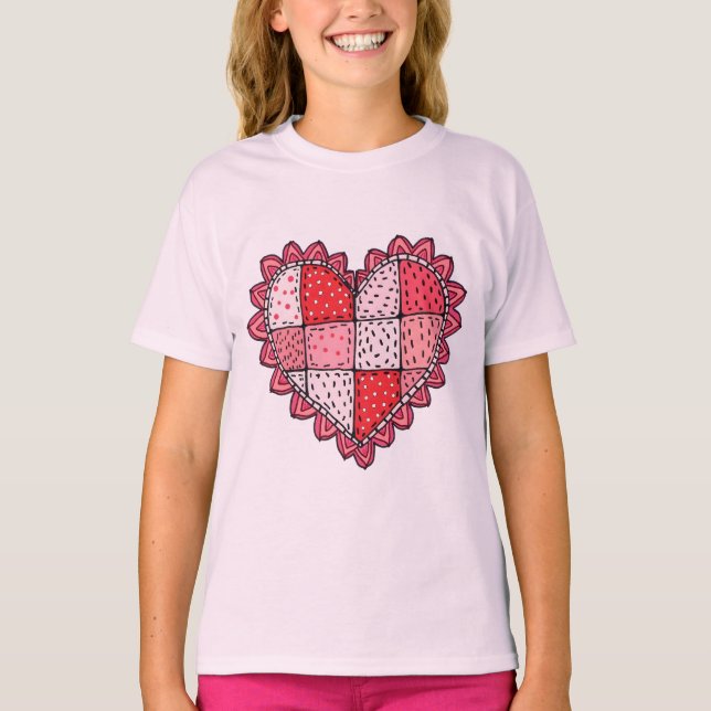 Valentinsdag Doodle Art Style Patchwork Hjarta Bar T Shirt (Framsida)