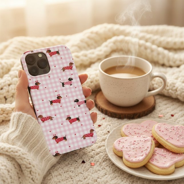 Valentinsdags Dachshund Söt Rosa Gingham Hjärtahun (Skapare uppladdad)