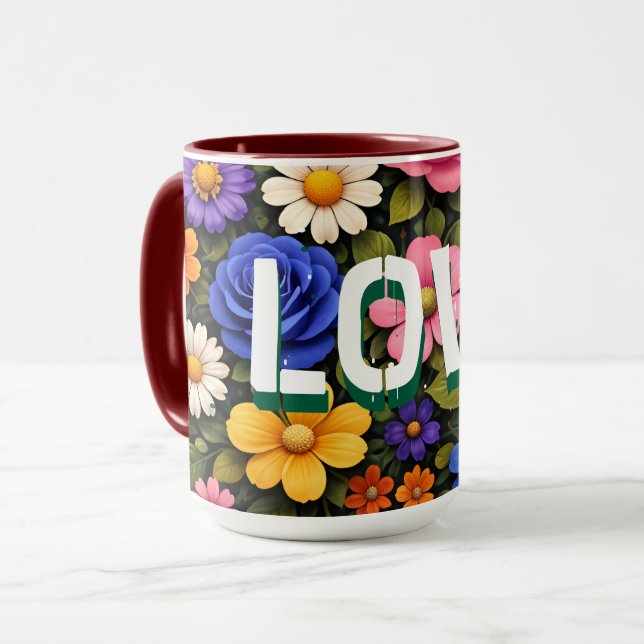 Valentinskopp Blommig Designmönster Kärlekstext Mugg (Framsida vänster)