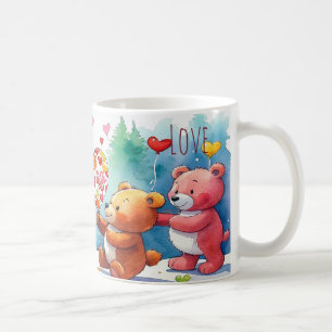 Valentinskort med teddybjörnar som delar hjärtform kaffemugg