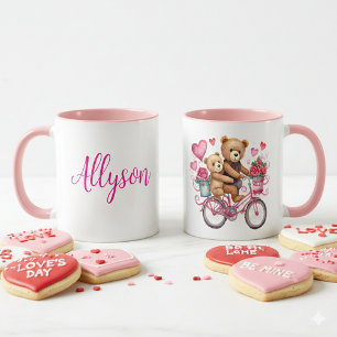 Valentinskort teddybjörnar på cykel personlig mugg