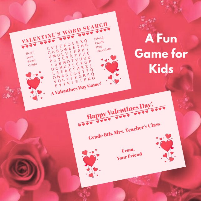 Valentinskortspel för klassrummet - Sökord Anteckningskort (Classroom Valentine's Day Card Game-Word Search-Kids Classroom activity)
