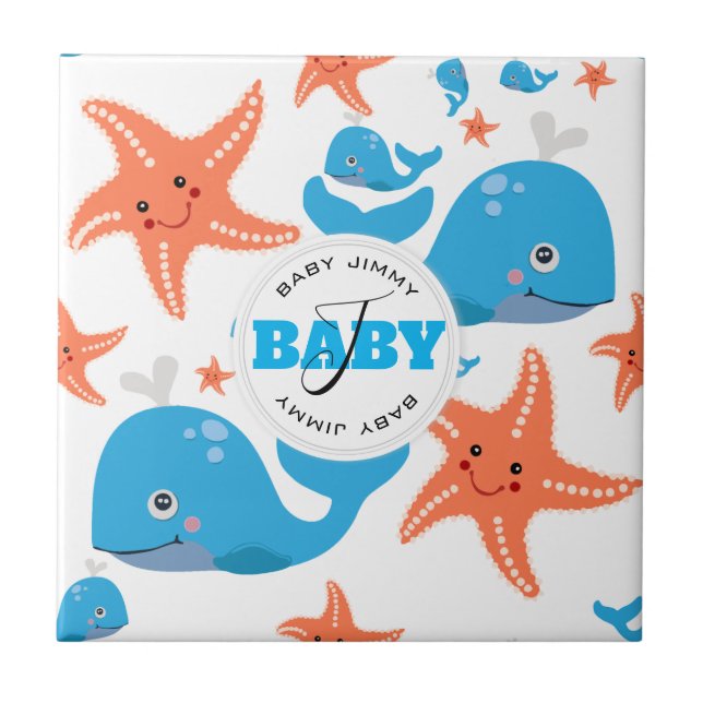 Valfångst och stjärtfenad Baby Monogram Mönster Kakelplatta (Framsidan)