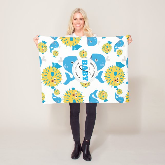 Valfångst och vitfisk Tecknad Baby Monogram Mönste Fleecefilt (På plats)