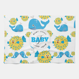 Valfångst och vitfisk Tecknad Baby Monogram Mönste Kökshandduk