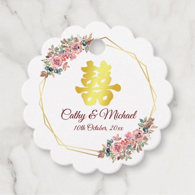 Välfärd för kinesisk bröllop dubbla blomkrans gåvor etiketter (Framsida)