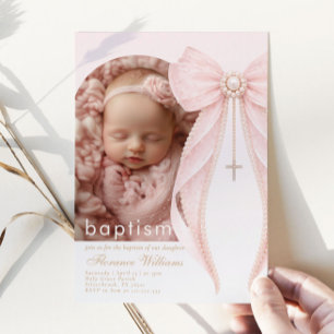 Valfoto Rosa Kokett Båge Babyflicka Dop Inbjudningar