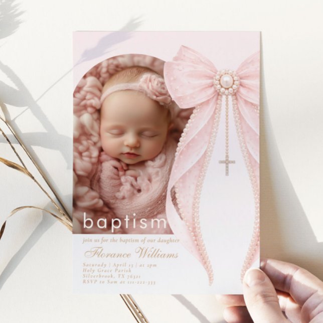 Valfoto Rosa Kokett Båge Babyflicka Dop Inbjudningar (Skapare uppladdad)